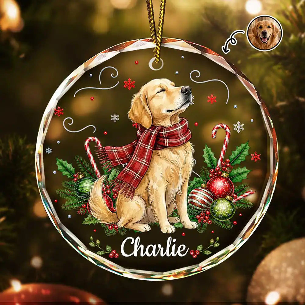 Art Design,Sentimental,Christmas,Pet Lovers,Photo - Pet With Fall Leaves - Custom Photo Watercolor Christmas Dog Pet Lover Gift - Personalized Circle Glass Ornament
