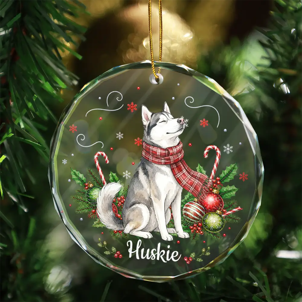 Art Design,Sentimental,Christmas,Pet Lovers,Photo - Pet With Fall Leaves - Custom Photo Watercolor Christmas Dog Pet Lover Gift - Personalized Circle Glass Ornament