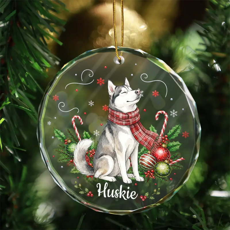 Art Design,Sentimental,Christmas,Pet Lovers,Photo - Pet With Fall Leaves - Custom Photo Watercolor Christmas Dog Pet Lover Gift - Personalized Circle Glass Ornament
