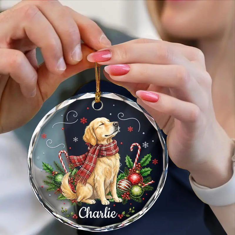 Art Design,Sentimental,Christmas,Pet Lovers,Photo - Pet With Fall Leaves - Custom Photo Watercolor Christmas Dog Pet Lover Gift - Personalized Circle Glass Ornament