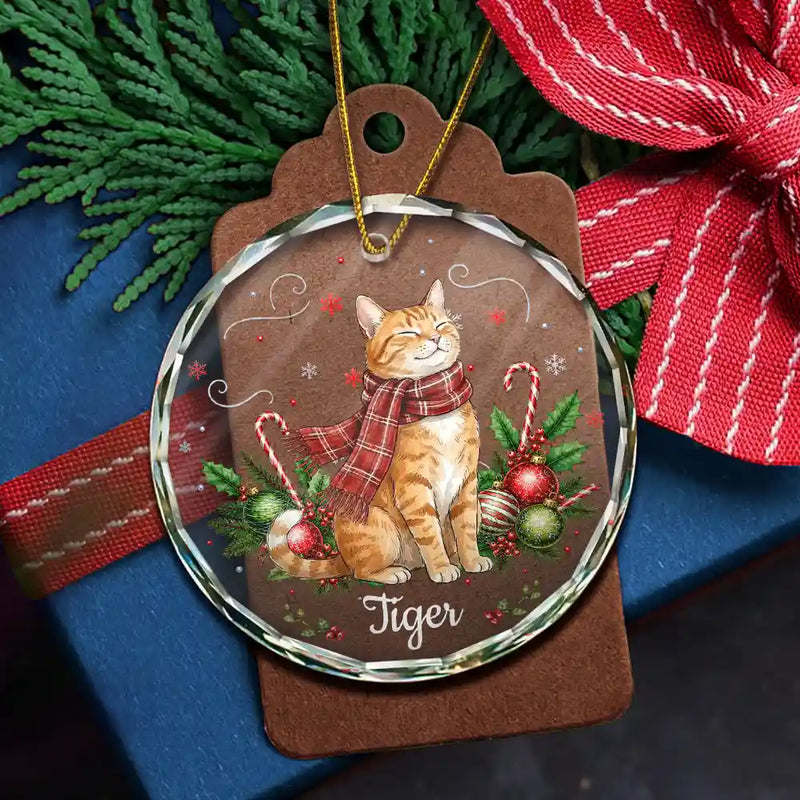 Art Design,Sentimental,Christmas,Pet Lovers,Photo - Pet With Fall Leaves - Custom Photo Watercolor Christmas Dog Pet Lover Gift - Personalized Circle Glass Ornament
