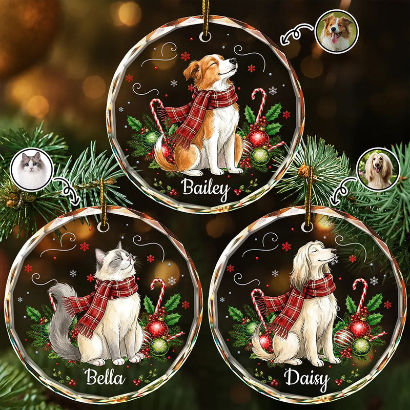 Art Design,Sentimental,Christmas,Pet Lovers,Photo - Pet With Fall Leaves - Custom Photo Watercolor Christmas Dog Pet Lover Gift - Personalized Circle Glass Ornament