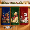 Art Design,Christmas,Pet Lovers,Photo - Pet With Fall Leaves,Happy - Custom Photo Watercolor Christmas Dog Pet Lover Gift - Personalized Kitchen Towel