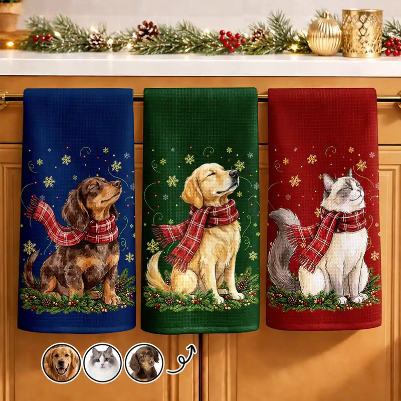 Art Design,Christmas,Pet Lovers,Photo - Pet With Fall Leaves,Happy - Custom Photo Watercolor Christmas Dog Pet Lover Gift - Personalized Kitchen Towel