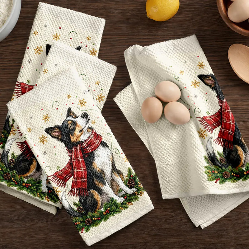 Art Design,Christmas,Pet Lovers,Photo - Pet With Fall Leaves,Happy - Custom Photo Watercolor Christmas Dog Pet Lover Gift - Personalized Kitchen Towel