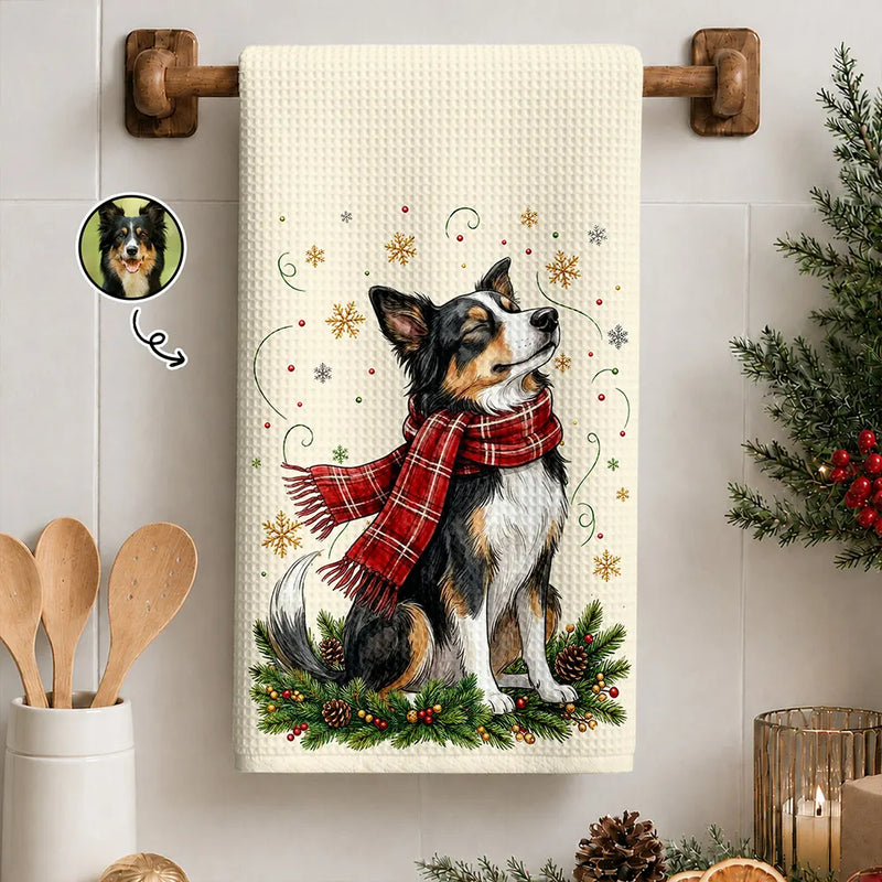 Art Design,Christmas,Pet Lovers,Photo - Pet With Fall Leaves,Happy - Custom Photo Watercolor Christmas Dog Pet Lover Gift - Personalized Kitchen Towel