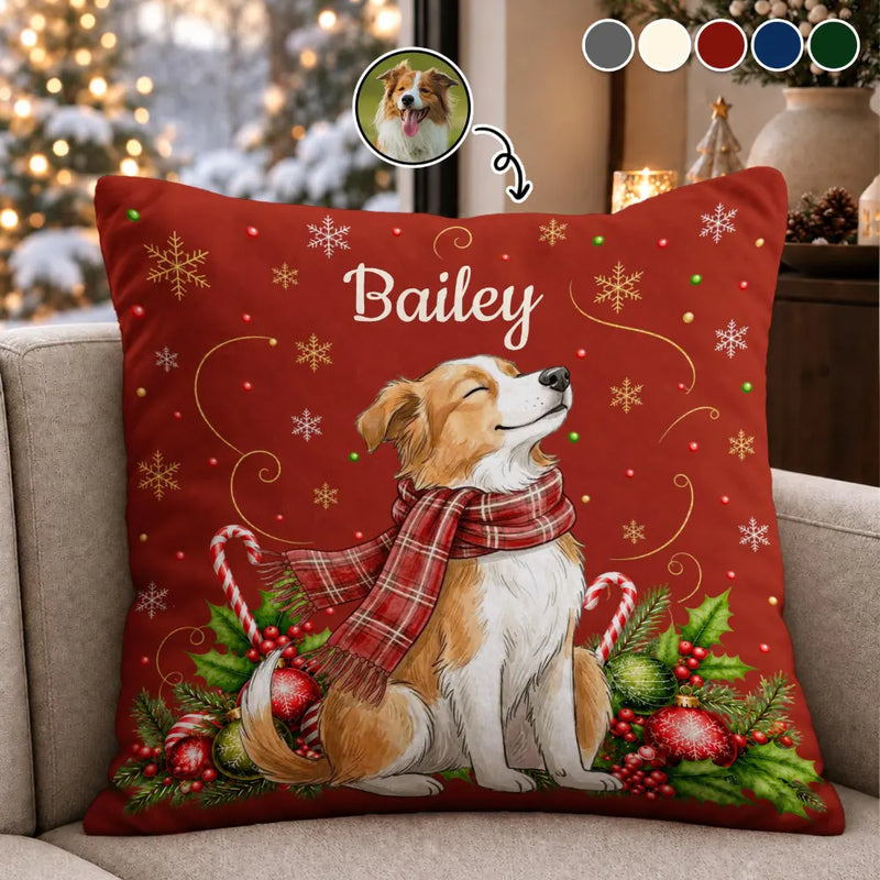 Art Design,Christmas,Pet Lovers,Photo - Pet With Fall Leaves,Happy - Custom Photo Watercolor Christmas Dog Pet Lover Gift - Personalized Pillow