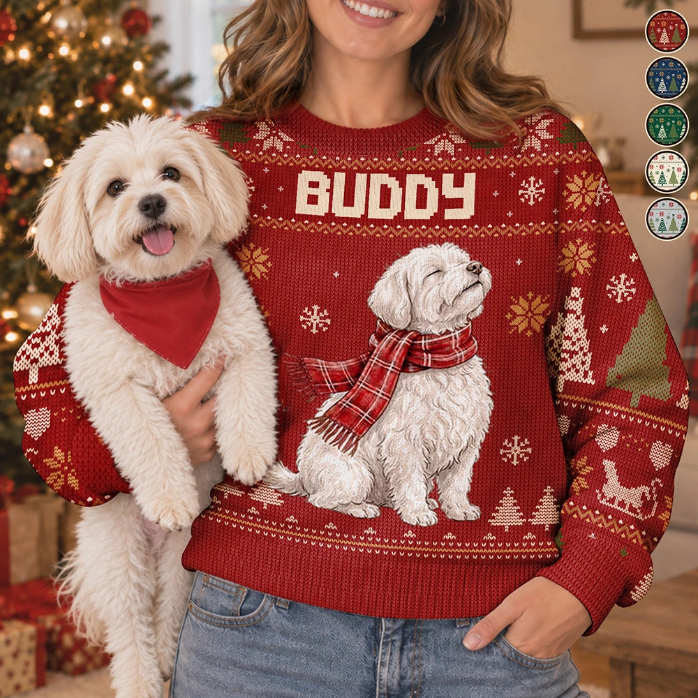 Custom Photo Watercolor Christmas Dog Pet Lover Gift - Personalized Unisex Ugly Sweater