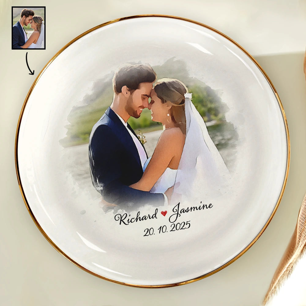 Custom Photo Watercolor Couples Anniversary Gift - Personalized Round Ring Dish