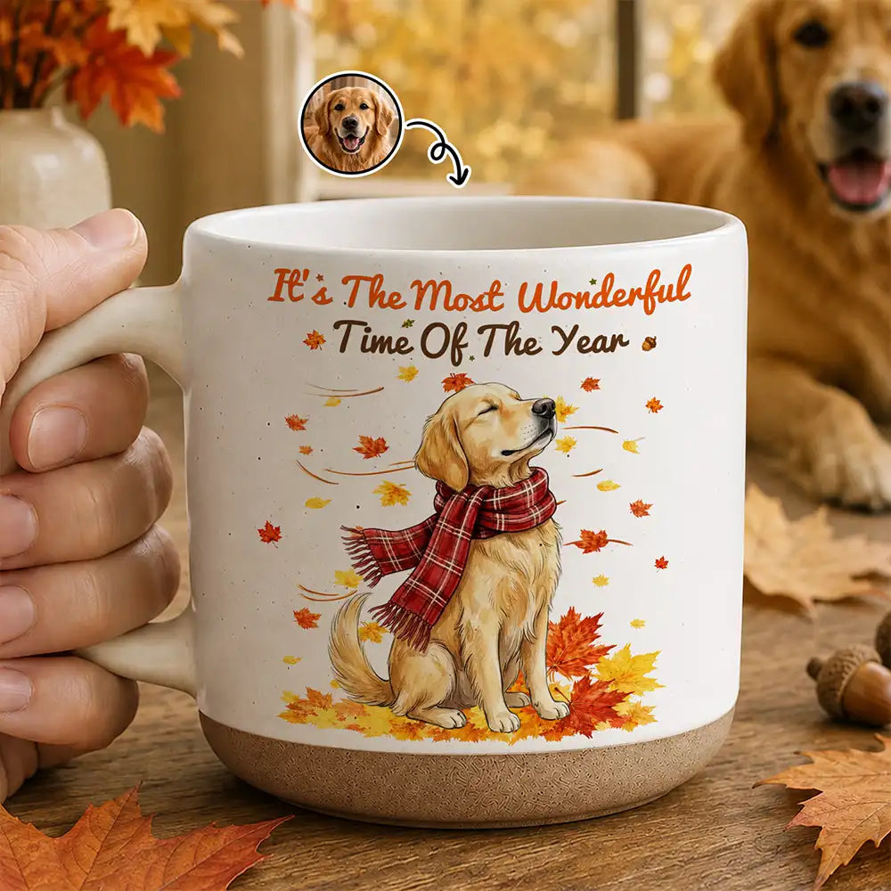 Art Design,Cozy,Pet Lovers,Photo - Pet With Fall Leaves - Custom Photo Watercolor Fall Leaves Dog Pet Lovers Portrait - Personalized Pottery Mug
