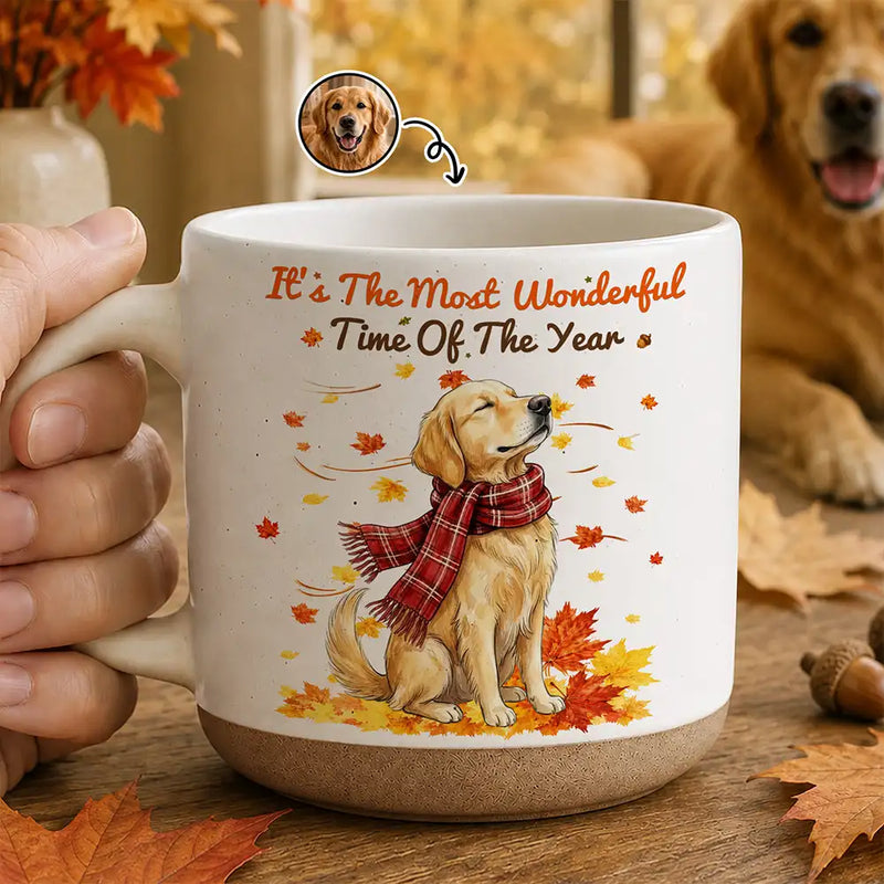 Art Design,Cozy,Pet Lovers,Photo - Pet With Fall Leaves - Custom Photo Watercolor Fall Leaves Dog Pet Lovers Portrait - Personalized Pottery Mug
