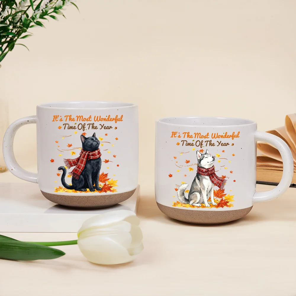 Art Design,Cozy,Pet Lovers,Photo - Pet With Fall Leaves - Custom Photo Watercolor Fall Leaves Dog Pet Lovers Portrait - Personalized Pottery Mug