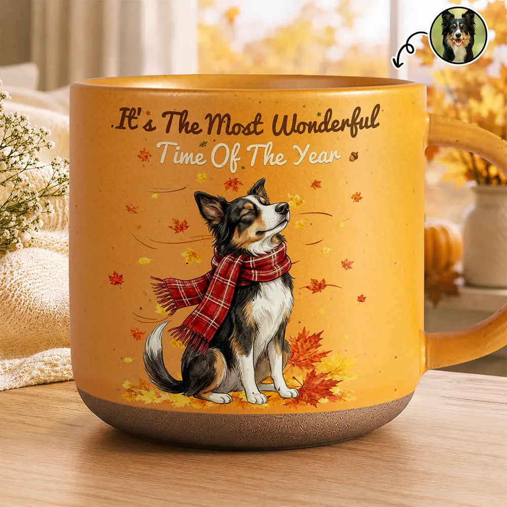 Art Design,Cozy,Pet Lovers,Photo - Pet With Fall Leaves - Custom Photo Watercolor Fall Leaves Dog Pet Lovers Portrait - Personalized Pottery Mug