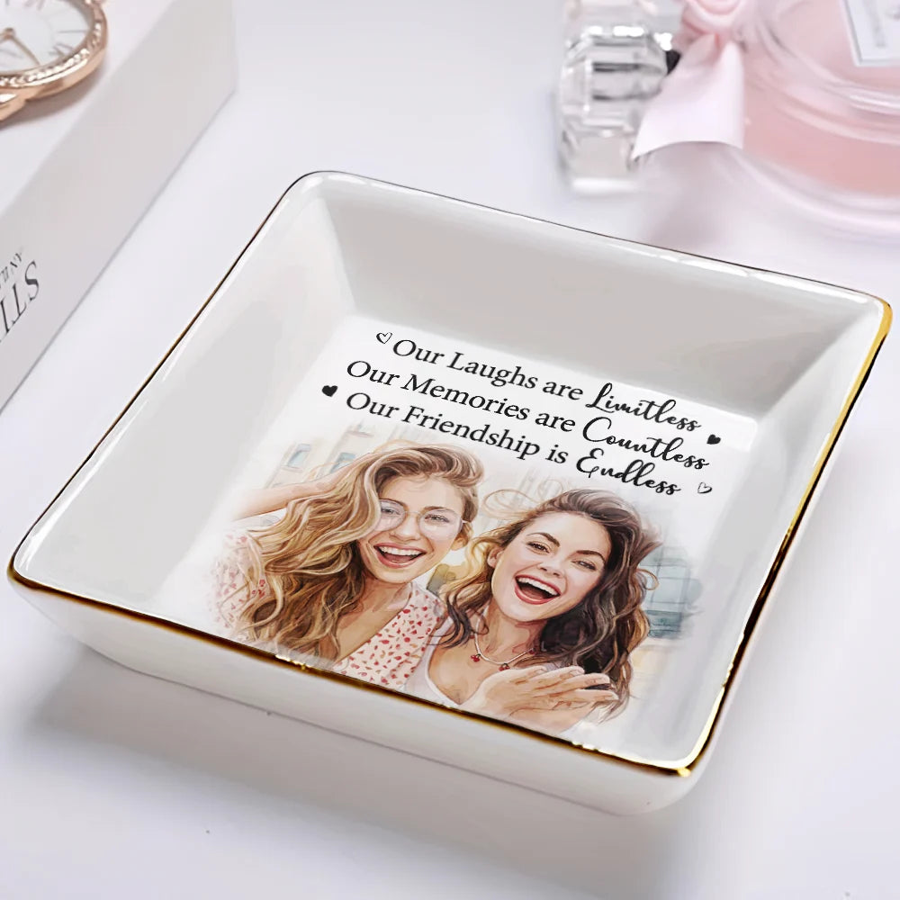 Custom Photo,Art Design,Gift For Bestie,Humorous,Photo - Watercolor - With BG - Custom Photo Watercolor Painting A True Friendship Is A Journey Without An End - Personalized Ring Dish