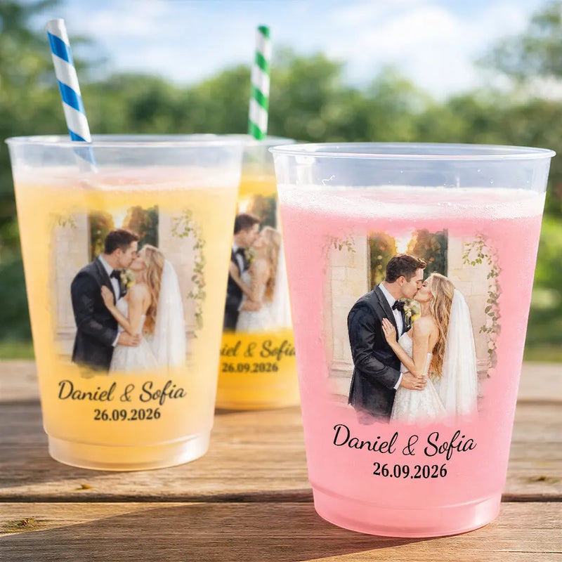 Custom Photo, Art Design, Gift For Couples, Wedding, Romantic, Photo - Watercolor - With BG - Custom Photo Watercolor Painting Couple Wedding Portrait - Personalized Frosted Cups