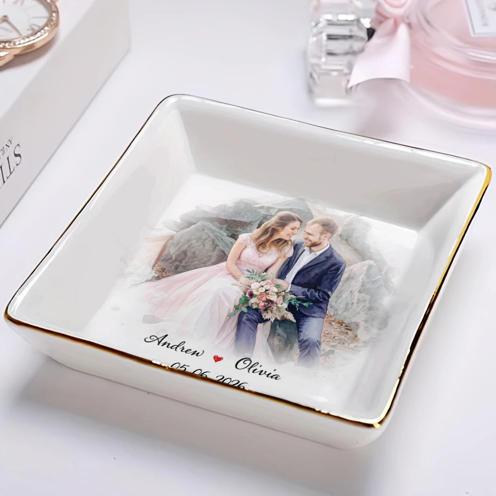 Custom Photo,Anniversary,Art Design,Gift For Couples,Romantic,Photo - Watercolor - With BG - Custom Photo Watercolor Painting Couples Anniversary Gift - Personalized Ring Dish