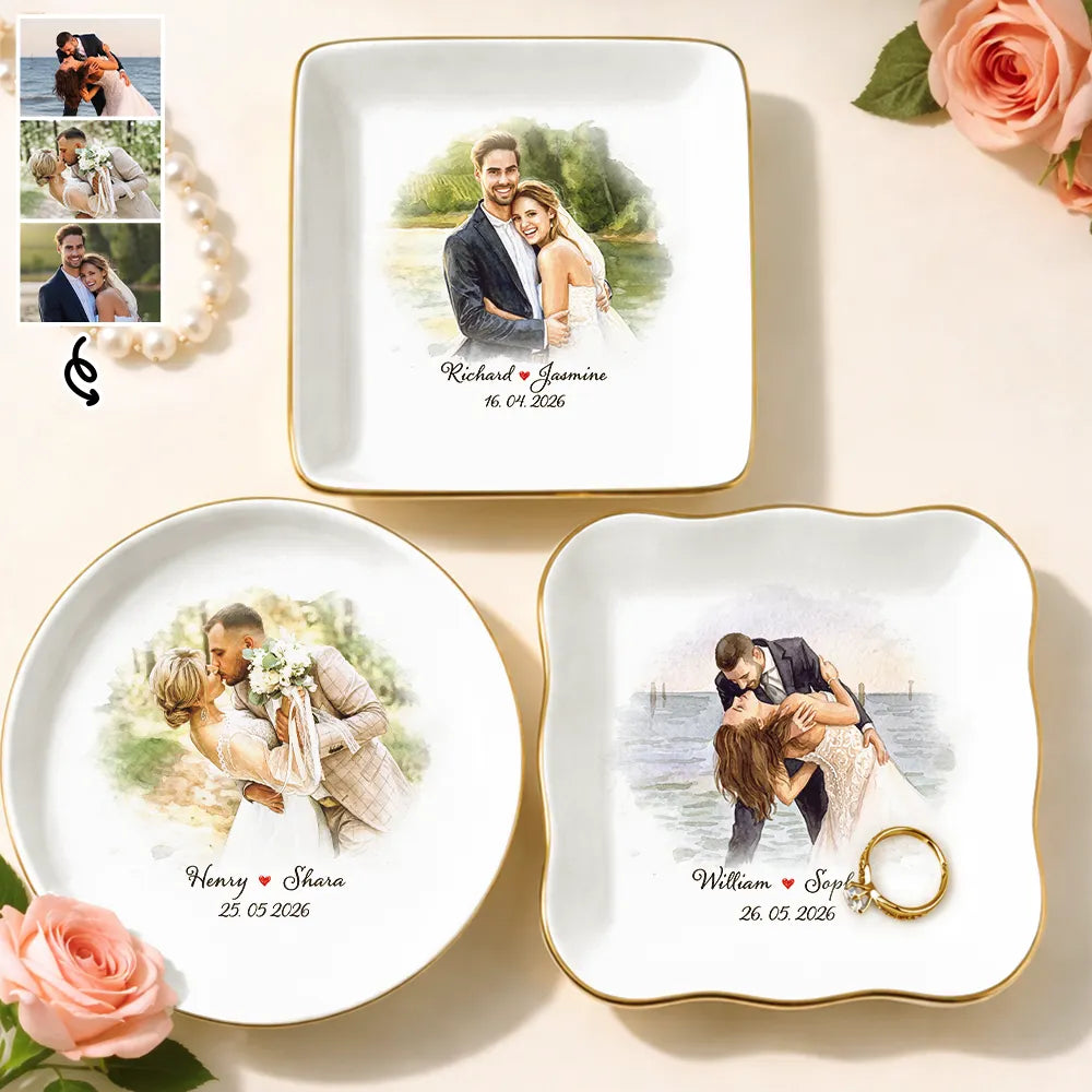 Custom Photo Watercolor Painting Couples Anniversary Gift - Personalized Ring Dish