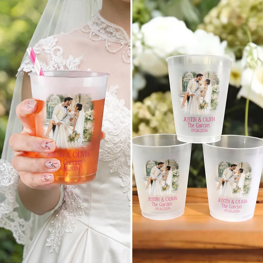 Custom Photo Watercolor Painting Couples Wedding Engaged Bachelor Party - Personalized Frosted Cups