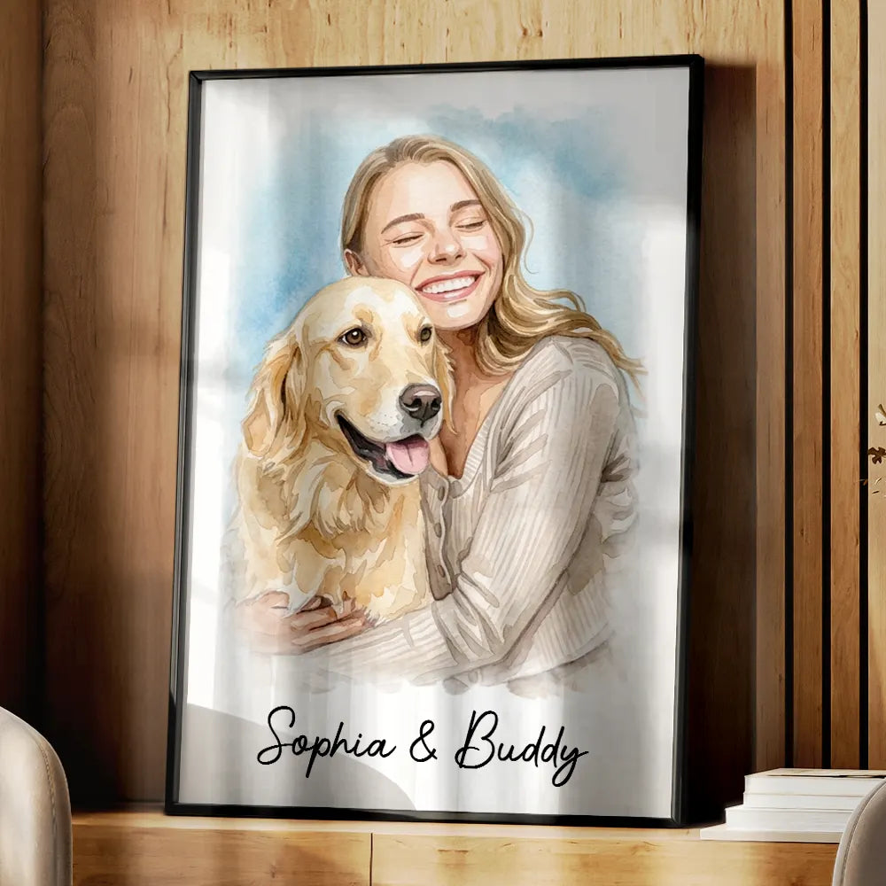 Family,Pet Lovers,Gift For Bestie,Gift For Couples,Gift For Mother,Gift For Father,Love - Custom Photo Watercolor Painting Family Besties Dog Cat Portrait - Personalized Poster