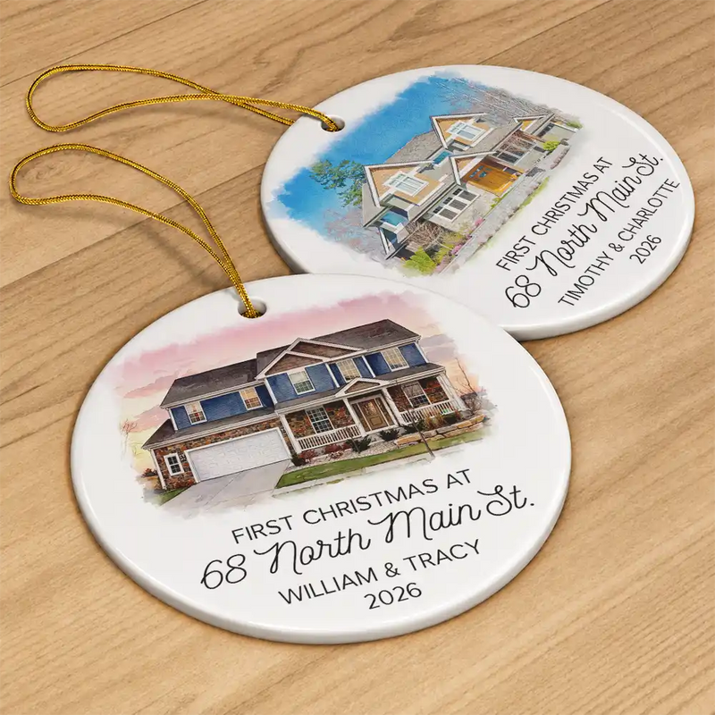 Art Design,Christmas,Family,Photo - Watercolor - With BG,Happy - Custom Photo Watercolor Painting First Christmas At New Home Couple Family - Personalized Circle Ceramic Ornament