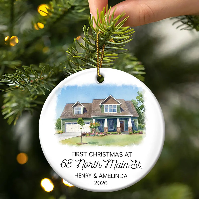 Art Design,Christmas,Family,Photo - Watercolor - With BG,Happy - Custom Photo Watercolor Painting First Christmas At New Home Couple Family - Personalized Circle Ceramic Ornament
