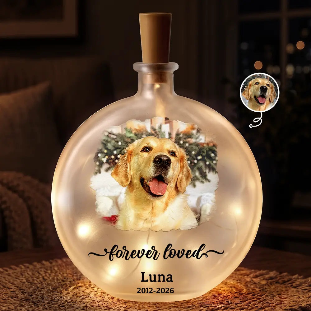 Custom Photo Watercolor Painting Memorial Pet Forever Loved - Personalized Round Flat Bottle Light
