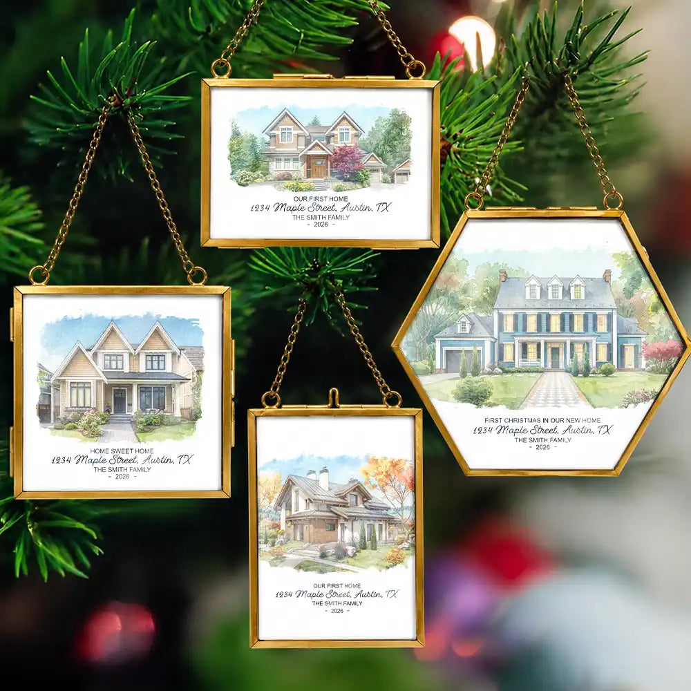 Art Design,Christmas,Family,Photo - Watercolor - With BG,Happy - Custom Photo Watercolor Painting Our First Home - Personalized Metal Frame Ornament