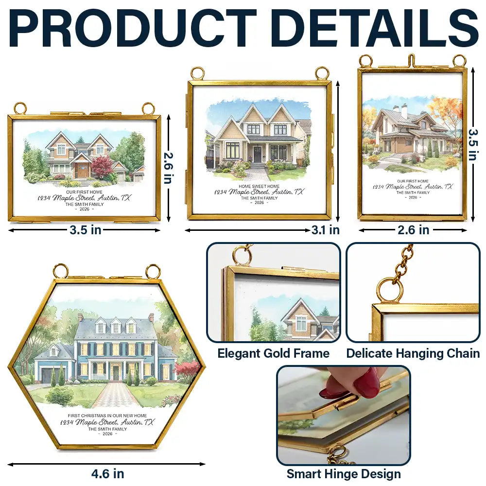 Art Design,Christmas,Family,Photo - Watercolor - With BG,Happy - Custom Photo Watercolor Painting Our First Home - Personalized Metal Frame Ornament