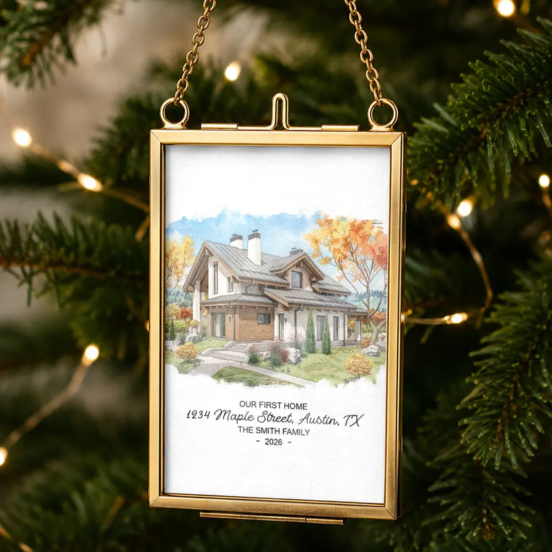 Art Design,Christmas,Family,Photo - Watercolor - With BG,Happy - Custom Photo Watercolor Painting Our First Home - Personalized Metal Frame Ornament