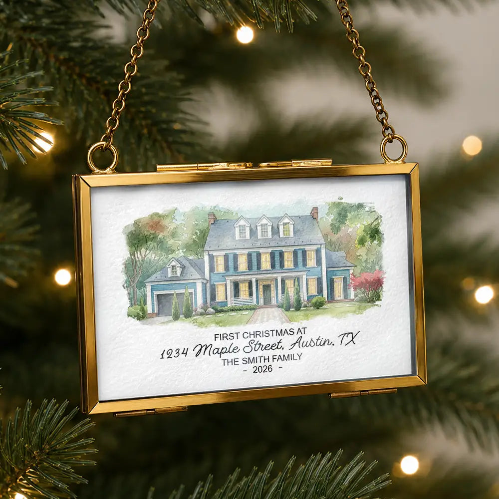 Art Design,Christmas,Family,Photo - Watercolor - With BG,Happy - Custom Photo Watercolor Painting Our First Home - Personalized Metal Frame Ornament
