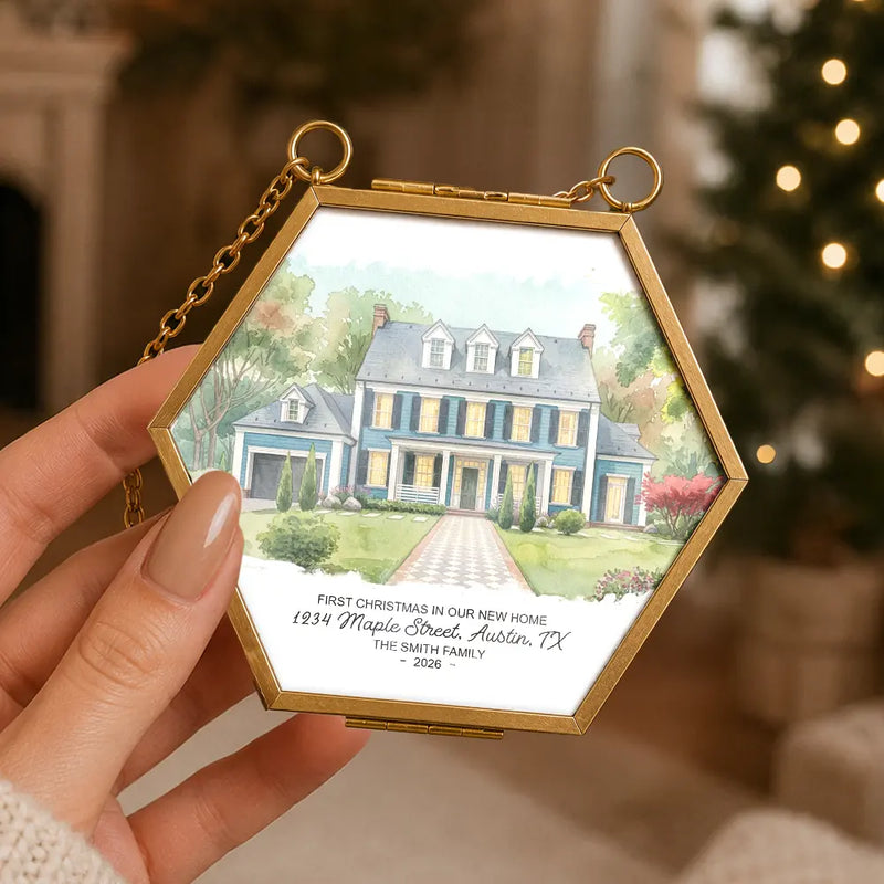 Art Design,Christmas,Family,Photo - Watercolor - With BG,Happy - Custom Photo Watercolor Painting Our First Home - Personalized Metal Frame Ornament