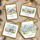 Art Design,Christmas,Family,Photo - Watercolor - With BG,Happy - Custom Photo Watercolor Painting Our First Home - Personalized Metal Frame Ornament
