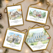 Art Design,Christmas,Family,Photo - Watercolor - With BG,Happy - Custom Photo Watercolor Painting Our First Home - Personalized Metal Frame Ornament