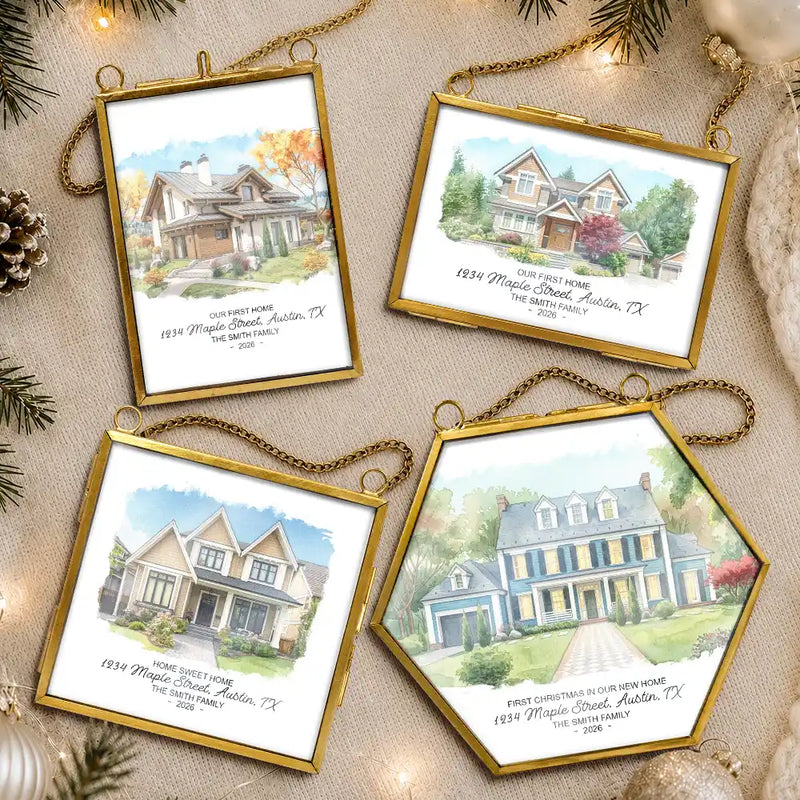 Art Design,Christmas,Family,Photo - Watercolor - With BG,Happy - Custom Photo Watercolor Painting Our First Home - Personalized Metal Frame Ornament