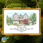 Custom Photo Watercolor Painting Our First Home - Personalized Metal Frame Ornament