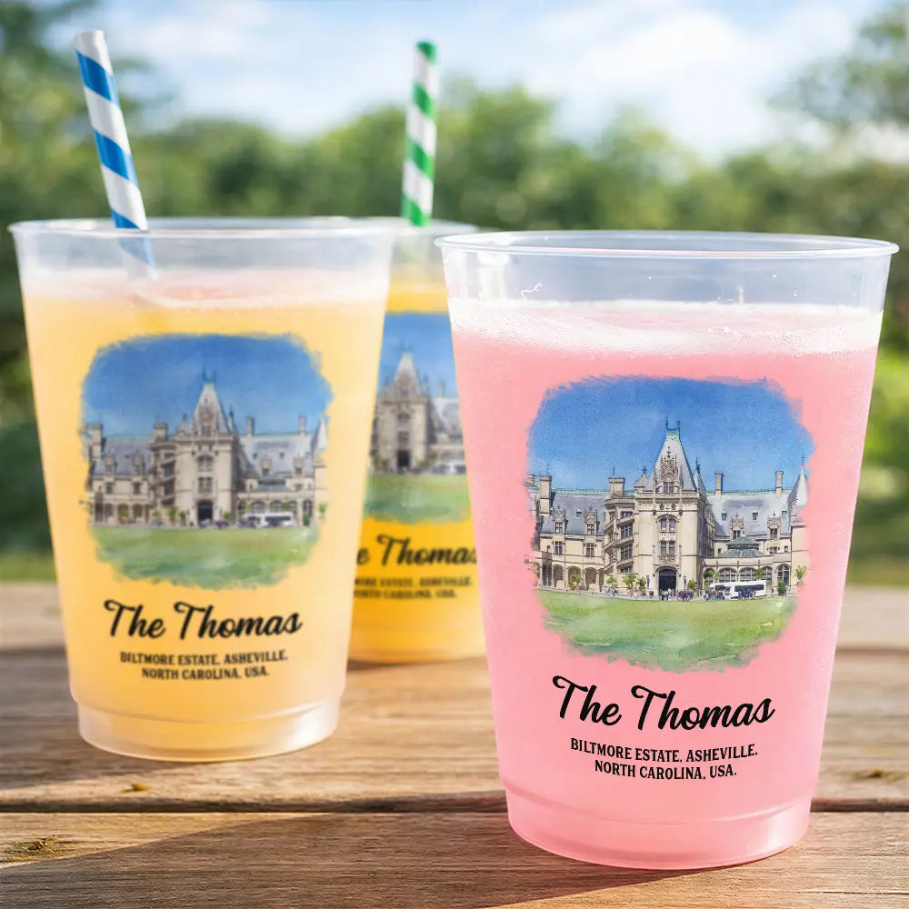 Custom Photo, Art Design, Gift For Couples, Wedding, Romantic, Photo - Watercolor - With BG - Custom Photo Watercolor Painting Wedding Venue Illustration - Personalized Frosted Cups