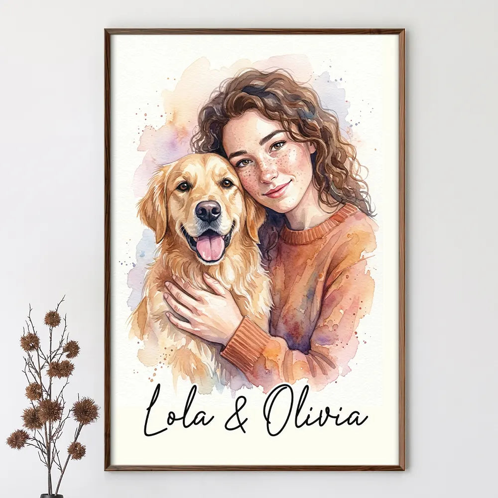 Custom Photo, Art Design, Pet Lovers, Cozy, Photo - Watercolor Human Hugging Pet - Custom Photo Watercolor Pet Lovers Dog Cat Pet Lover - Personalized Poster