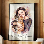 Custom Photo, Art Design, Pet Lovers, Cozy, Photo - Watercolor Human Hugging Pet - Custom Photo Watercolor Pet Lovers Dog Cat Pet Lover - Personalized Poster