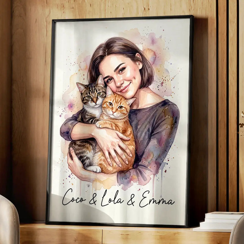 Custom Photo, Art Design, Pet Lovers, Cozy, Photo - Watercolor Human Hugging Pet - Custom Photo Watercolor Pet Lovers Dog Cat Pet Lover - Personalized Poster