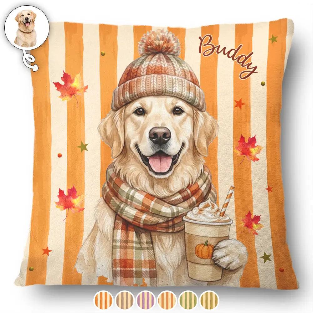 Adorable,Art Design,Pet Lovers,Photo - Autumn Theme Pet - Custom Photo Watercolor Pet With Autumn Accessories Autumn Lovely Dog Cat Portrait - Personalized Pillow