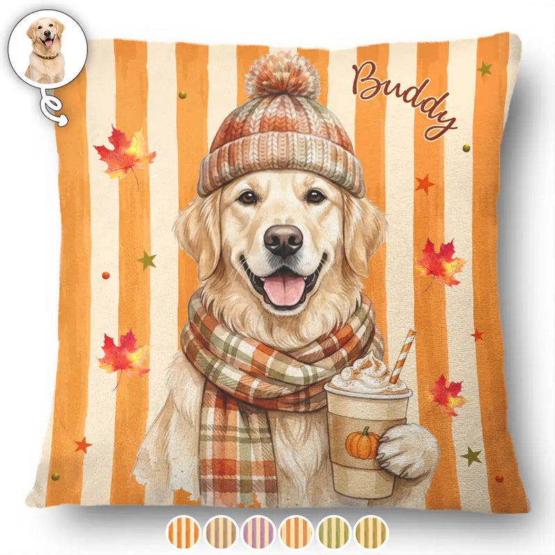Adorable,Art Design,Pet Lovers,Photo - Autumn Theme Pet - Custom Photo Watercolor Pet With Autumn Accessories Autumn Lovely Dog Cat Portrait - Personalized Pillow