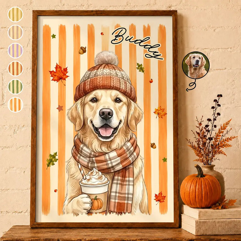 Adorable,Art Design,Pet Lovers,Photo - Autumn Theme Pet - Custom Photo Watercolor Pet With Autumn Accessories Autumn Lovely Dog Cat Portrait - Personalized Poster