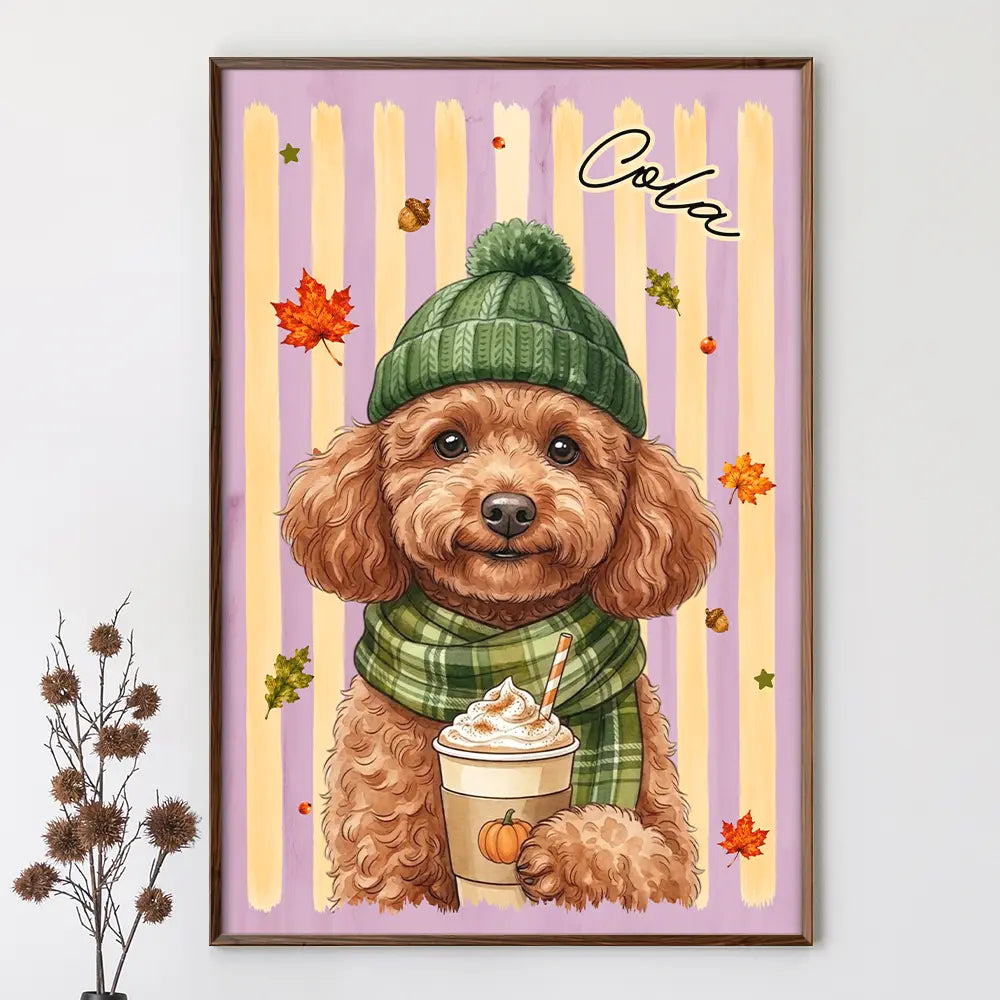 Adorable,Art Design,Pet Lovers,Photo - Autumn Theme Pet - Custom Photo Watercolor Pet With Autumn Accessories Autumn Lovely Dog Cat Portrait - Personalized Poster