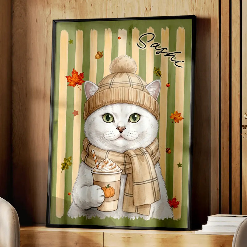 Adorable,Art Design,Pet Lovers,Photo - Autumn Theme Pet - Custom Photo Watercolor Pet With Autumn Accessories Autumn Lovely Dog Cat Portrait - Personalized Poster