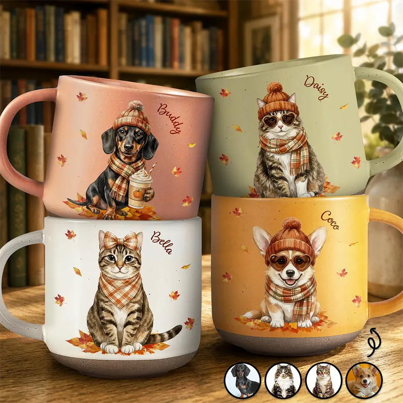Adorable, Art Design, Pet Lovers, Photo - Autumn Theme Pet - Custom Photo Watercolor Pet With Autumn Accessories Autumn Lovely Dog Cat Portrait - Personalized Pottery Mug