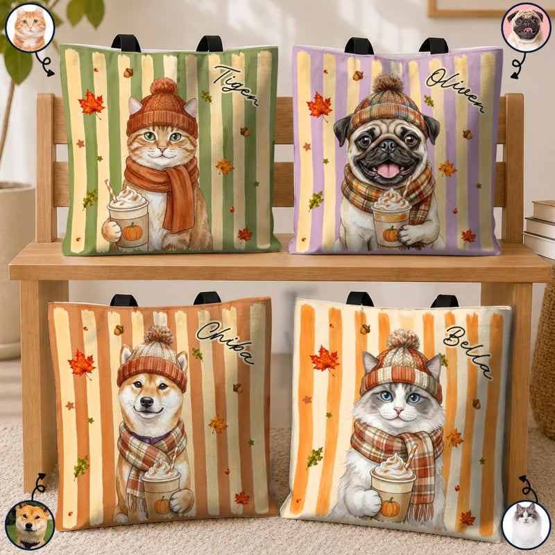 Adorable,Art Design,Pet Lovers,Photo - Autumn Theme Pet - Custom Photo Watercolor Pet With Autumn Accessories Autumn Lovely Dog Cat Portrait - Personalized Tote Bag