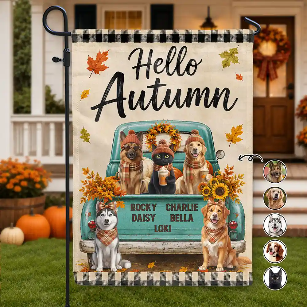 Art Design,Playful,Outdoor Decor,Pet Lovers,Photo - Autumn Theme Pet - Custom Photo Watercolor Pet With Autumn Accessories Welcome Fall - Personalized Flag