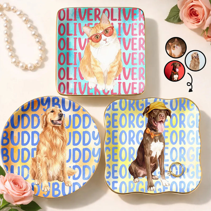 Top Market, Adorable, Art Design, Pet Lovers, Photo - Watercolor Summer Pet With Accessories - Custom Photo Watercolor Pet With Summer Accessories Cute Dog Cat Portrait - Personalized Ring Dish