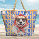 Adorable, Art Design, Custom Photo, Summer, Pet Lovers, Photo - Watercolor Summer Pet With Accessories - Custom Photo Watercolor Pet With Summer Accessories Cute Dog Cat Portrait - Personalized Beach Bag