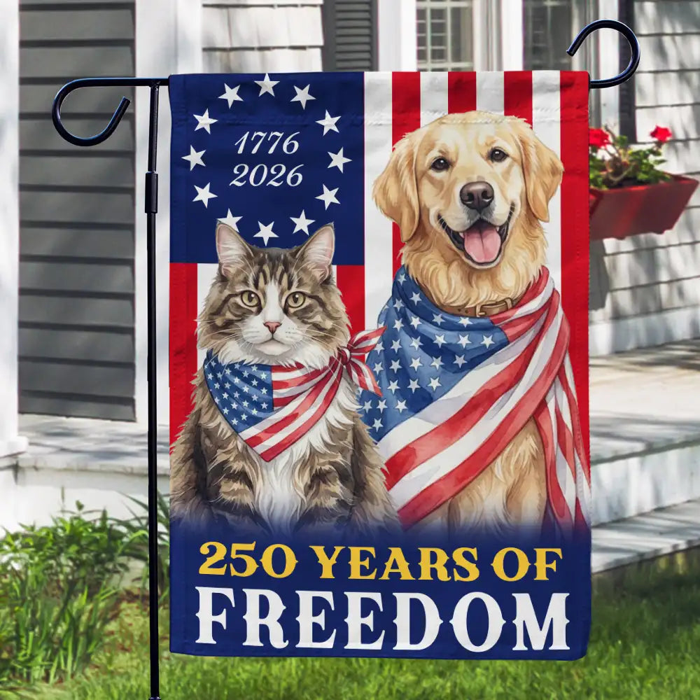 America 250th,Custom Photo,Independence Day,Art Design,Pet Lovers,Playful,Photo - US Theme Accessories Watercolor - Custom Photo Watercolor With US Accessories Dog Cat 250 Years Of Freedom - Personalized Flag